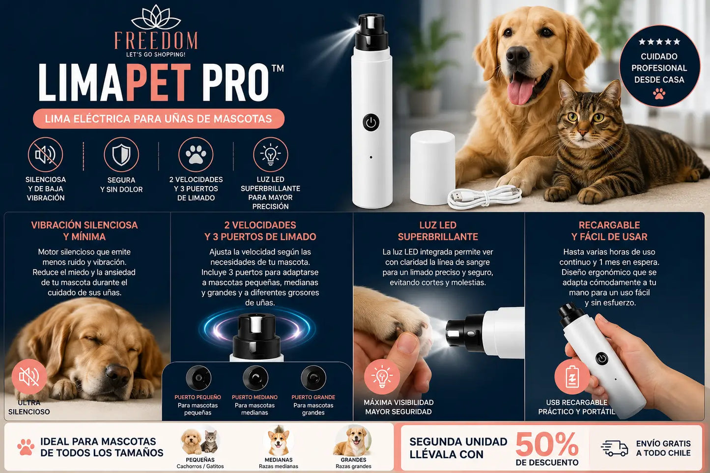 LIMA PET PRO - LIMA ELECTRICA CON LUZ PARA MASCOTAS