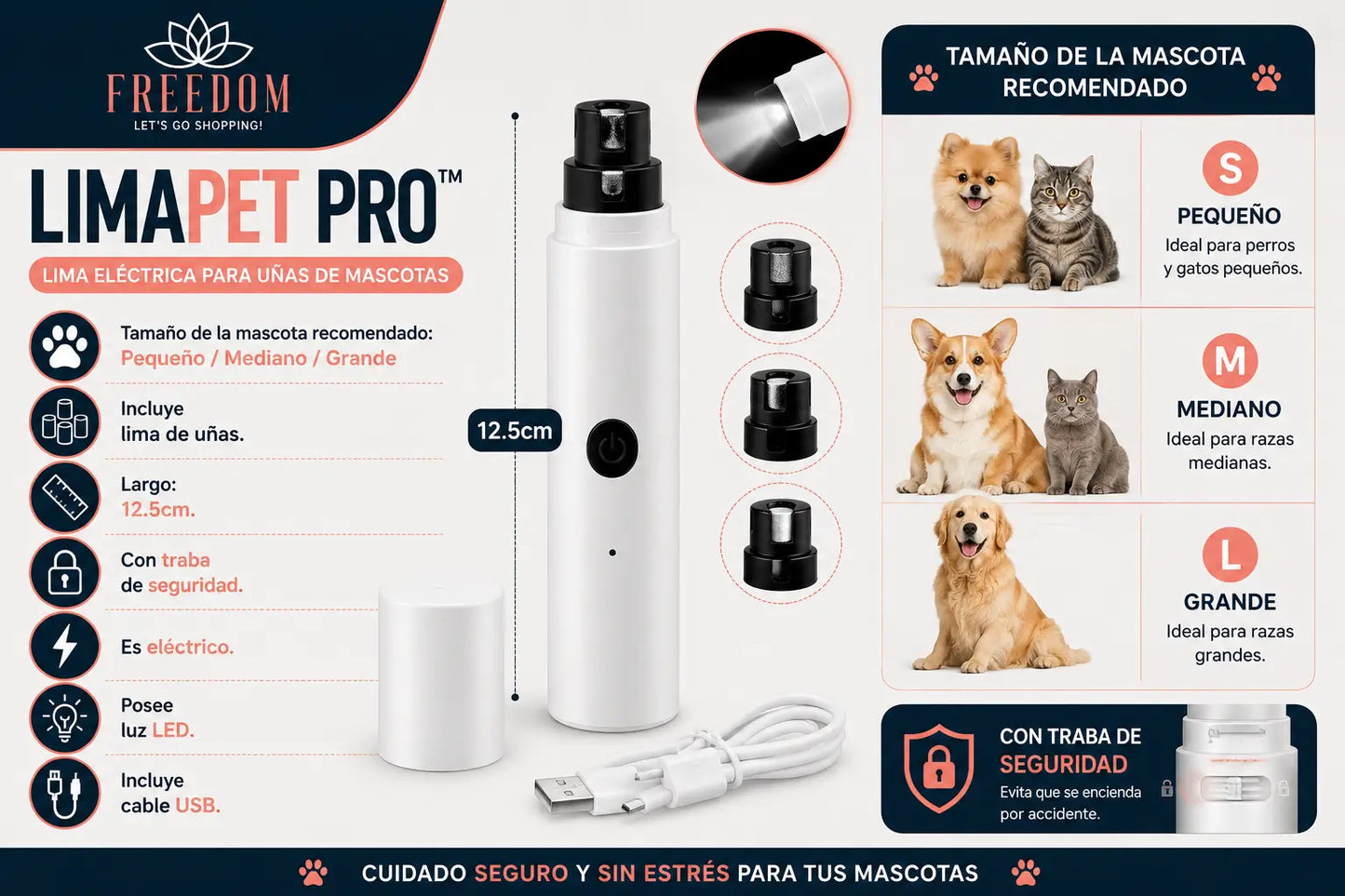 LIMA PET PRO - LIMA ELECTRICA CON LUZ PARA MASCOTAS
