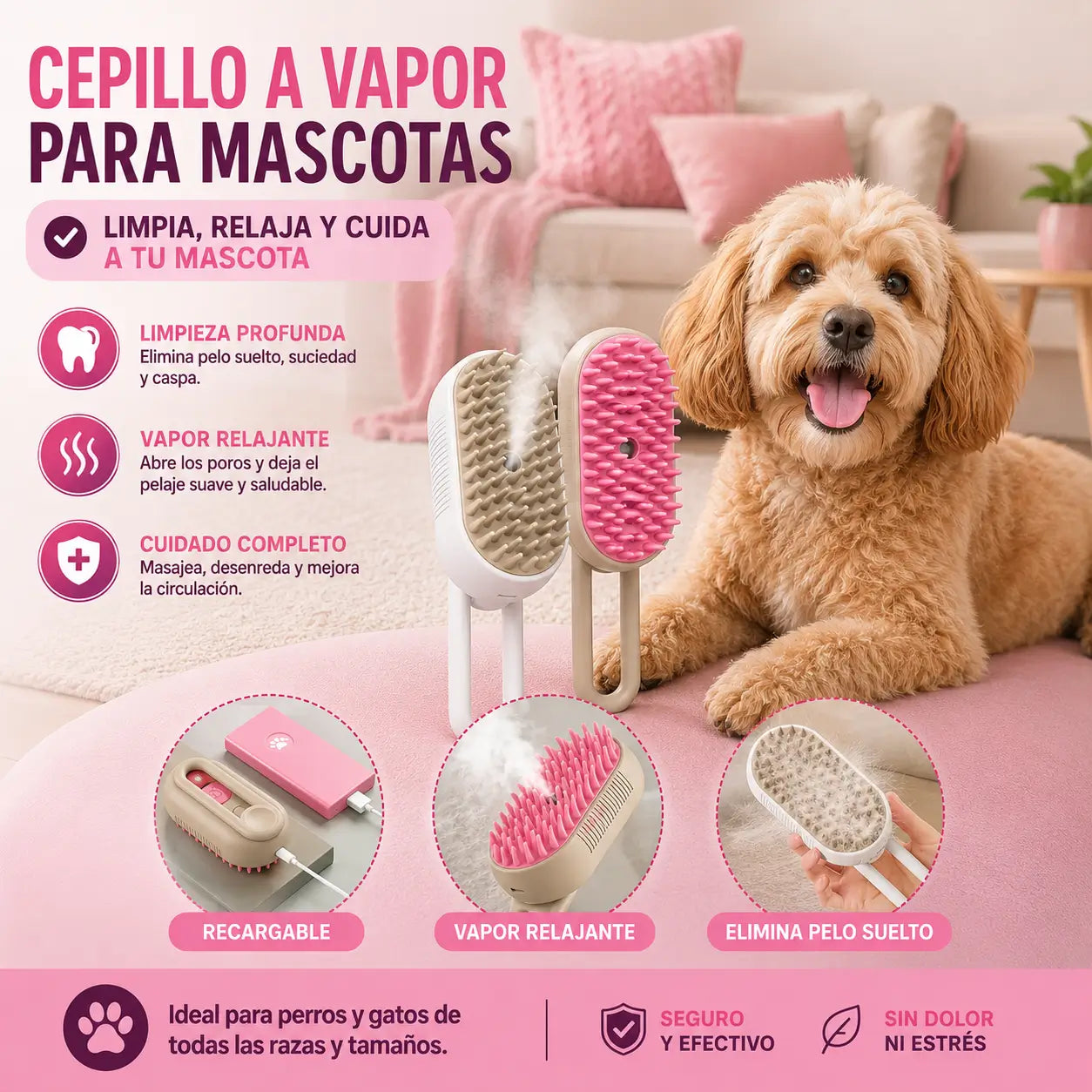 Cepillo Para Mascotas A Vapor Recargable