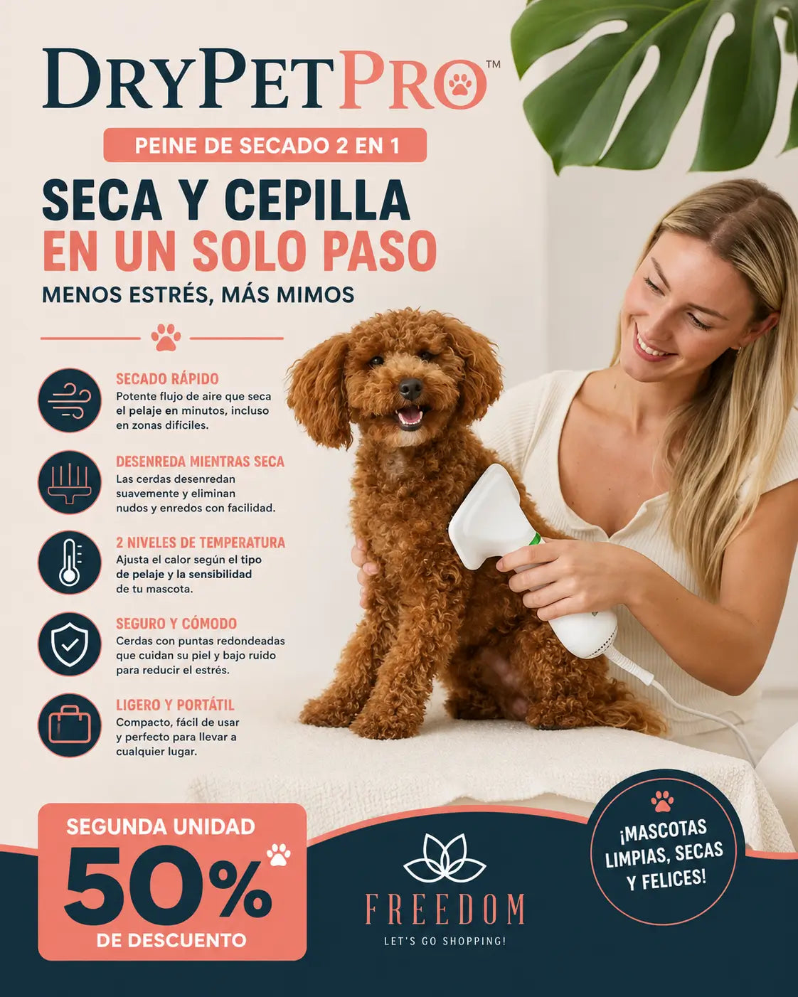 DryPet Pro -Secador Peine para Mascotas 2 en 1