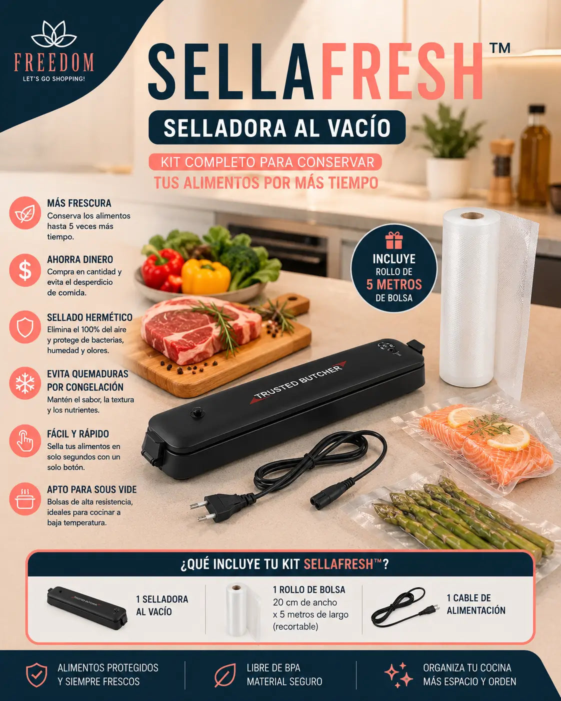 SellaFresh™- Selladora al Vacío+Rollo de bolsas 5mts