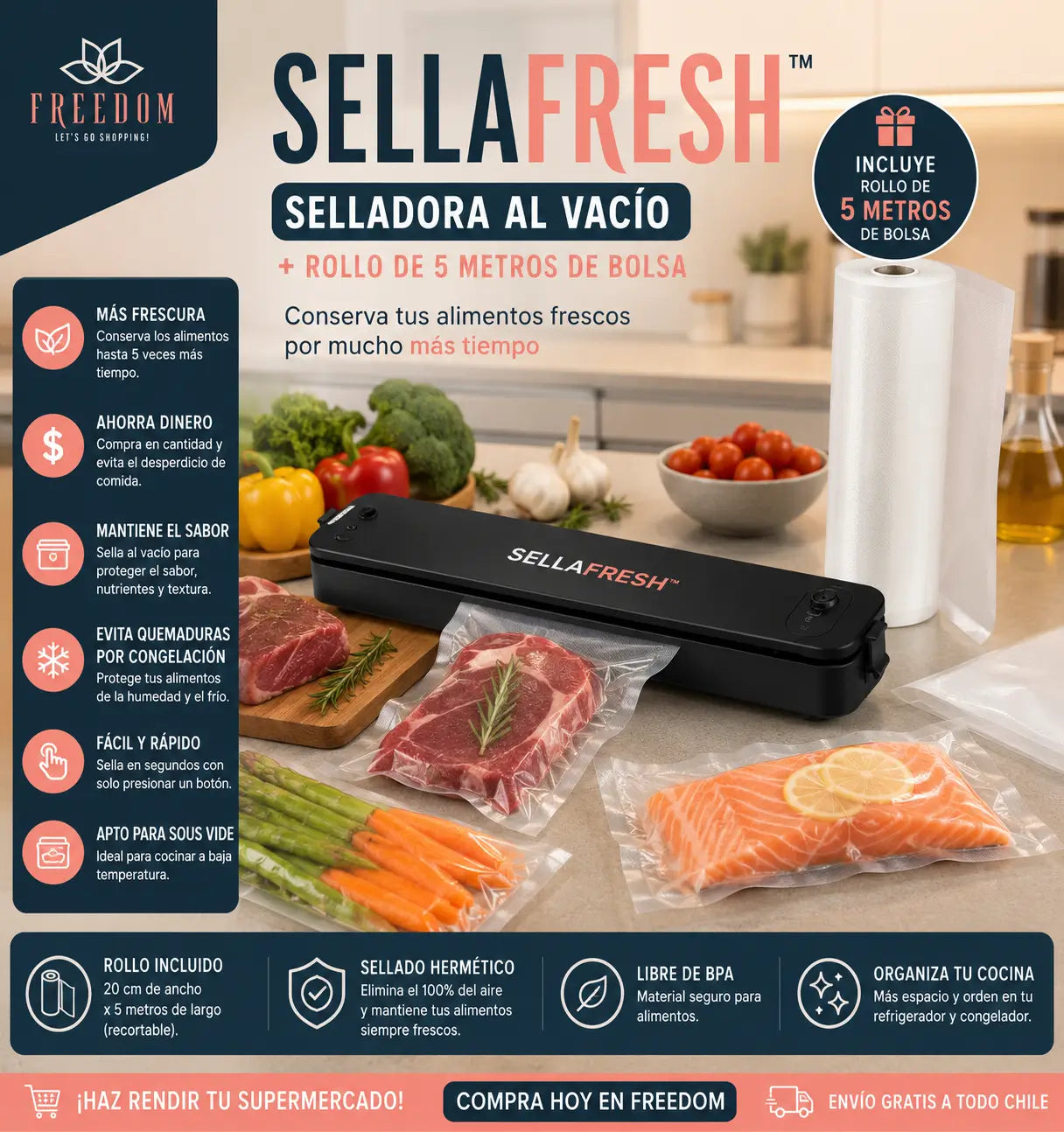 SellaFresh™- Selladora al Vacío+Rollo de bolsas 5mts