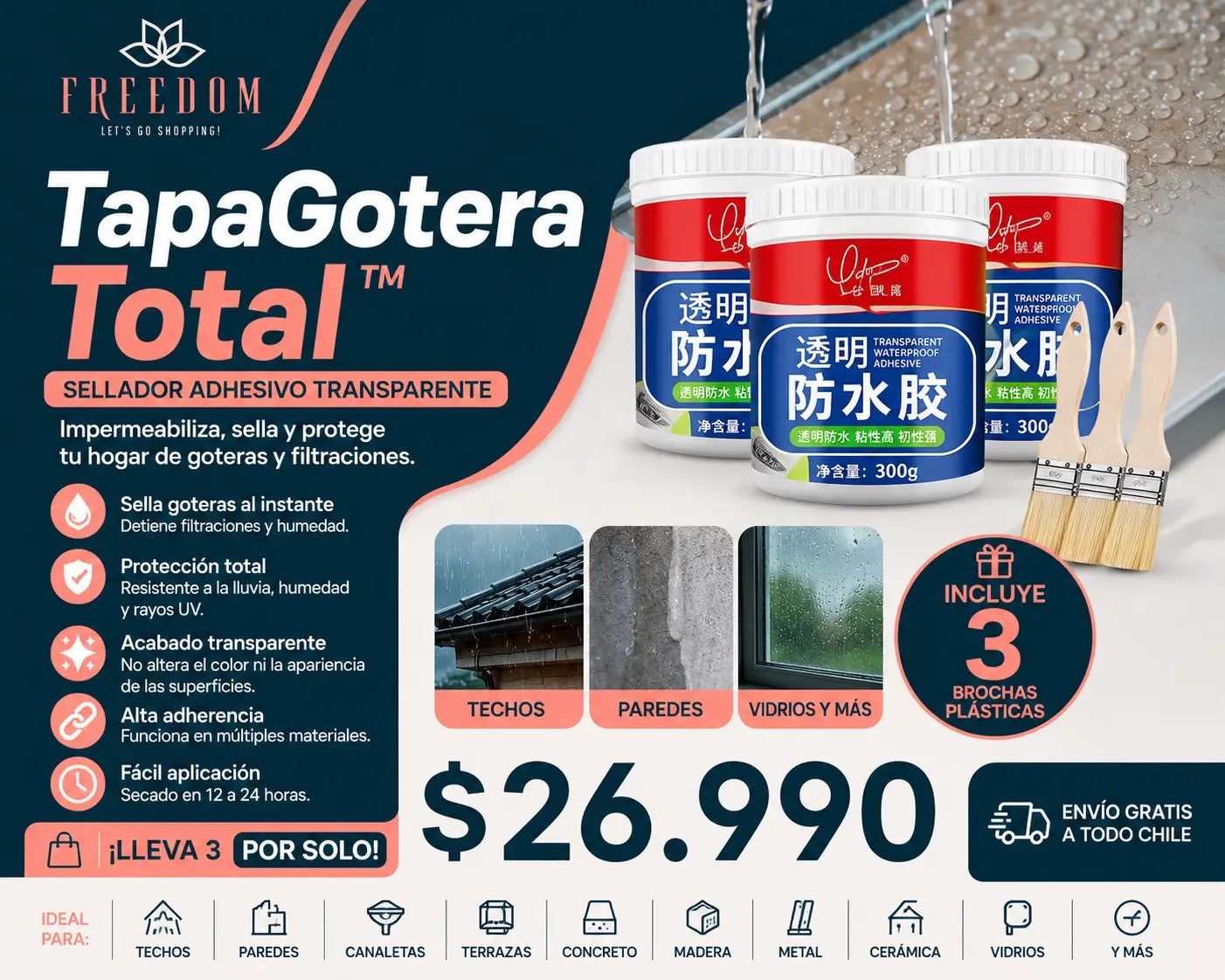 Tapa Gotera Total - 3 ADHESIVO TRANSPARENTE TAPA GOTERA AZUL