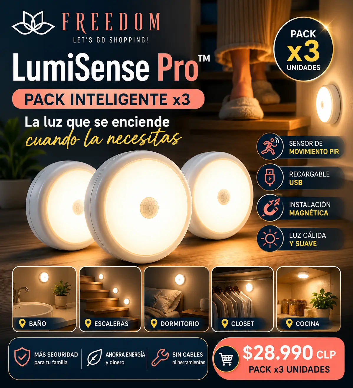 LumiSense Pro-PACK 3 luz led con sensor de interior.