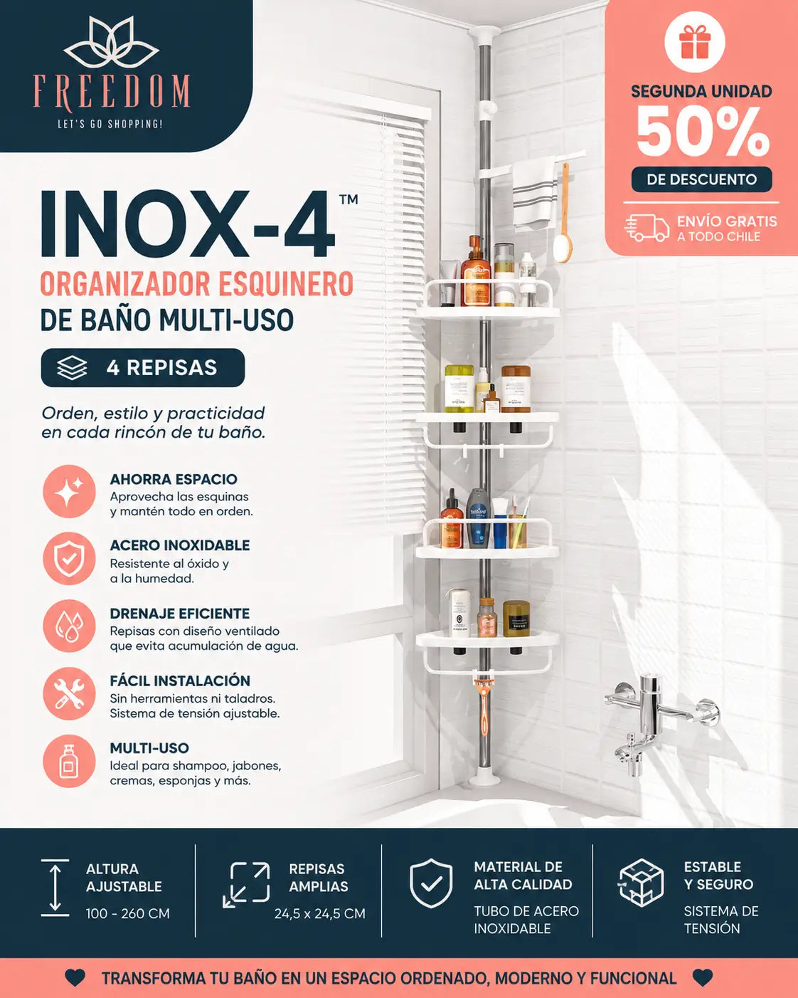 INOX-4 - Organizador Esquinero De Ducha y Baño.