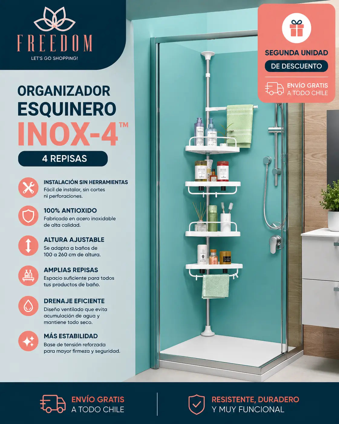 INOX-4 - Organizador Esquinero De Ducha y Baño.