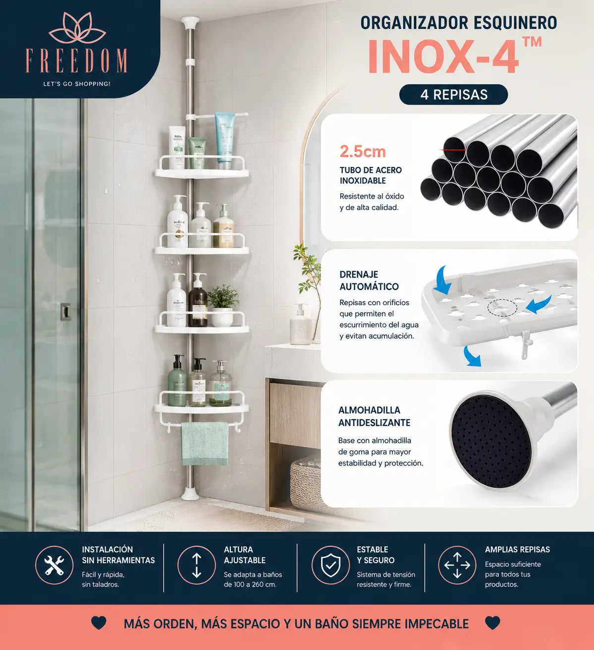 INOX-4 - Organizador Esquinero De Ducha y Baño.
