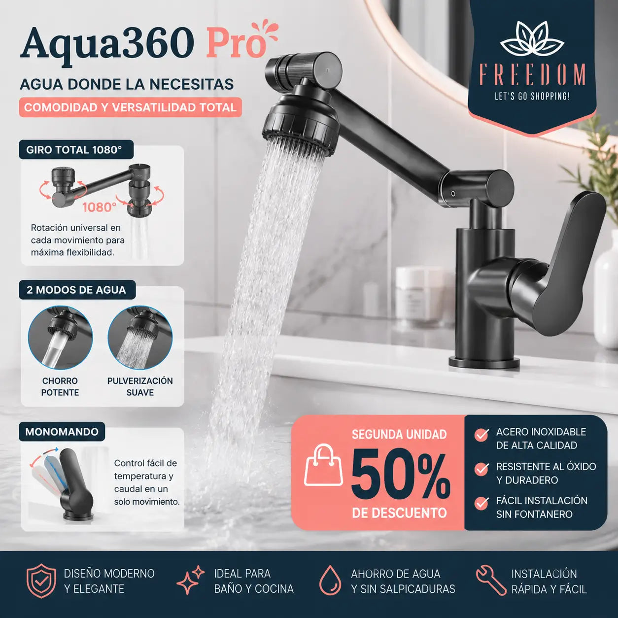 Aqua360 Pro™- Grifo Lavado Rotación 360 Multifuncional
