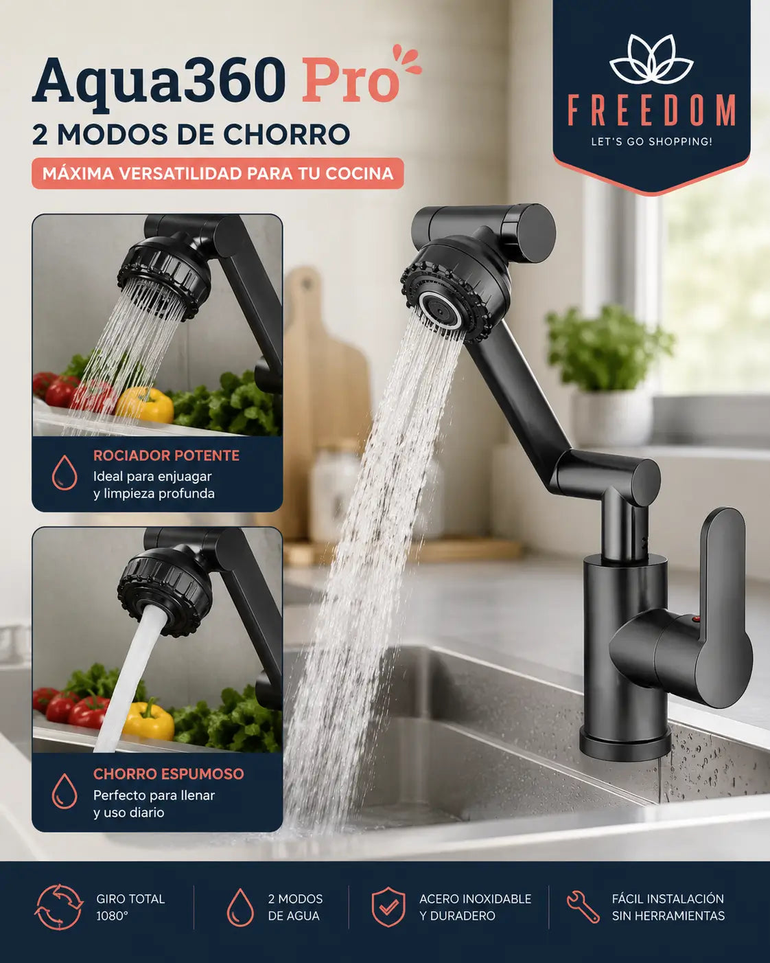 Aqua360 Pro™- Grifo Lavado Rotación 360 Multifuncional