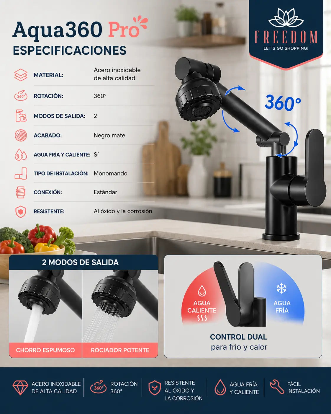Aqua360 Pro™- Grifo Lavado Rotación 360 Multifuncional