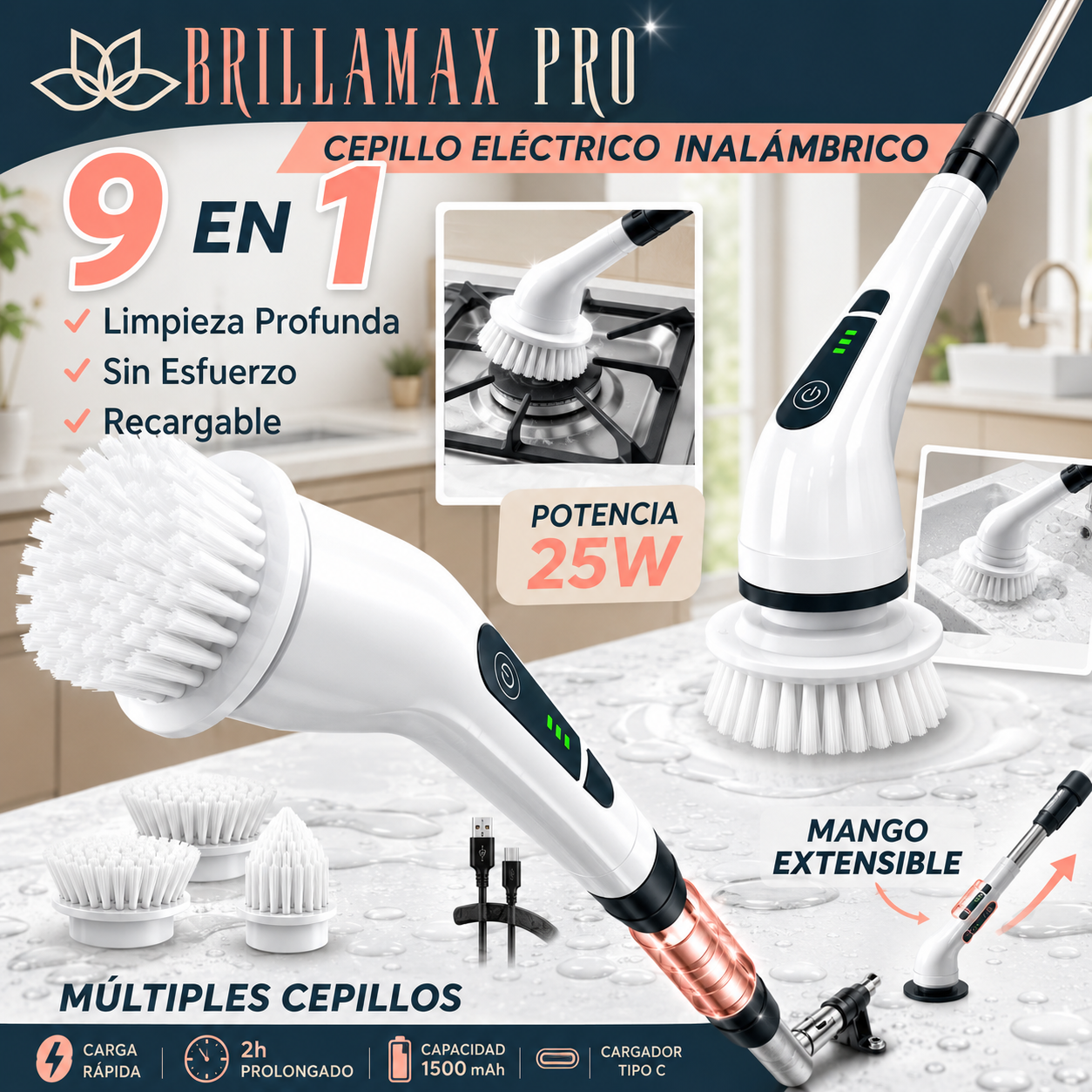 BrillaMax Pro — Limpiador Eléctrico Giratorio 9 en 1